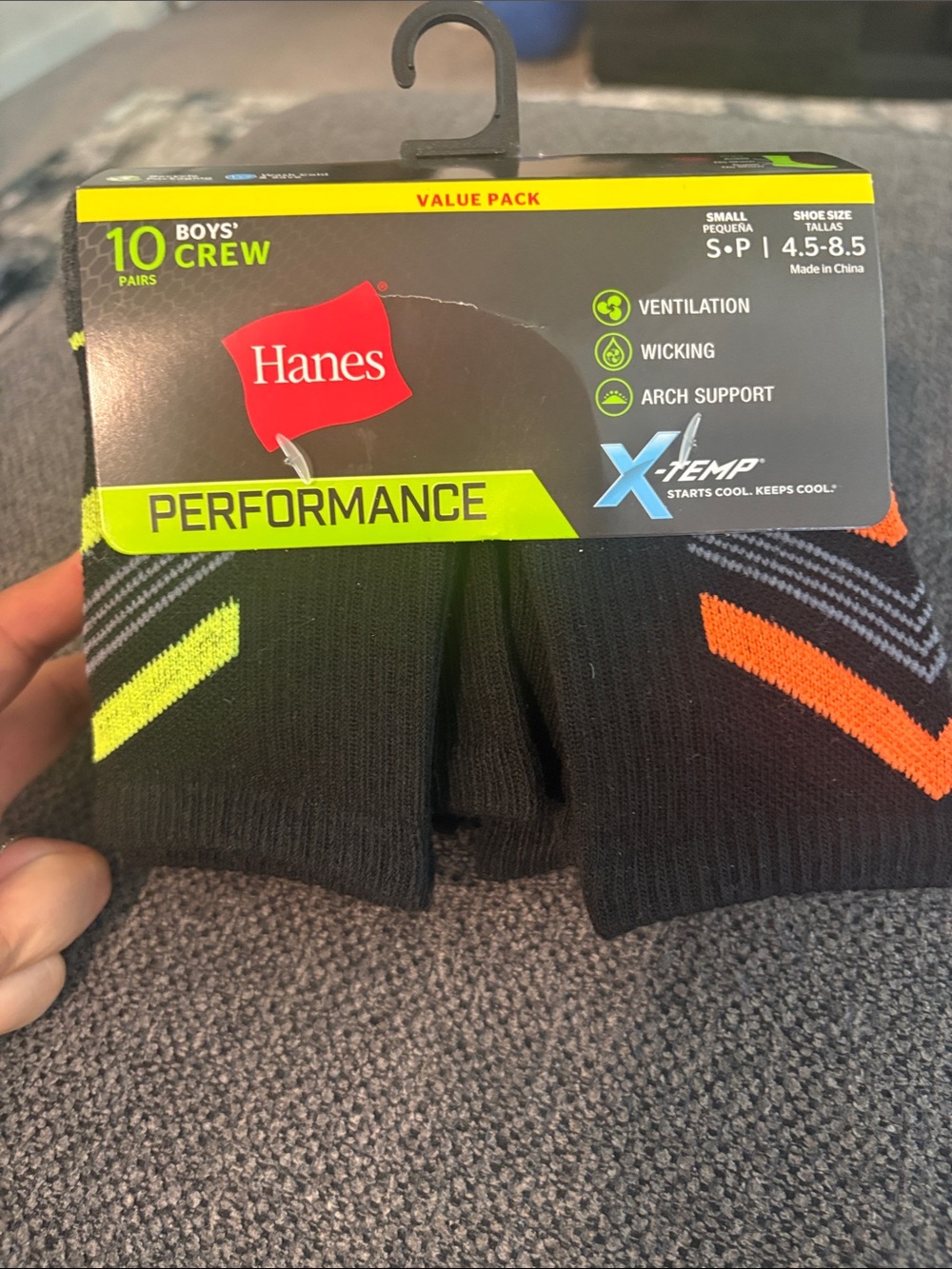 Hanes Boys' Performance Crew Socks - Black with Neon Accents (10-Pack)